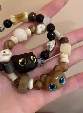 复古小怪兽猫咪手链女小众ins高级感情侣款手串陶瓷可爱生日礼物