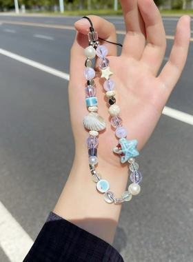 蓝色大海贝壳手工串珠手机链ccd相机挂绳古风小众创意ins辣妹手提