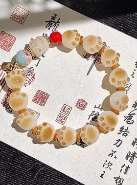 国风福牌招财猫串珠手链炭烧猫爪小众设计感学生可爱手串轻奢饰品