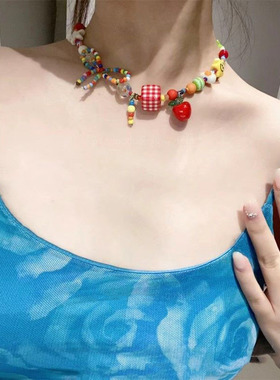 多巴胺彩色苹果星星串珠项链2025新款轻奢夏日锁骨链