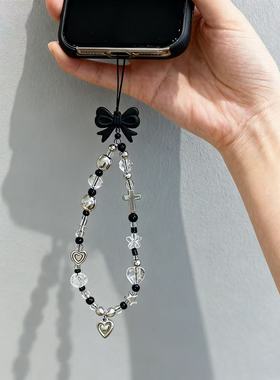 ins风甜酷百搭手机链女黑色蝴蝶结手机壳挂件包包挂饰ccd相机挂绳