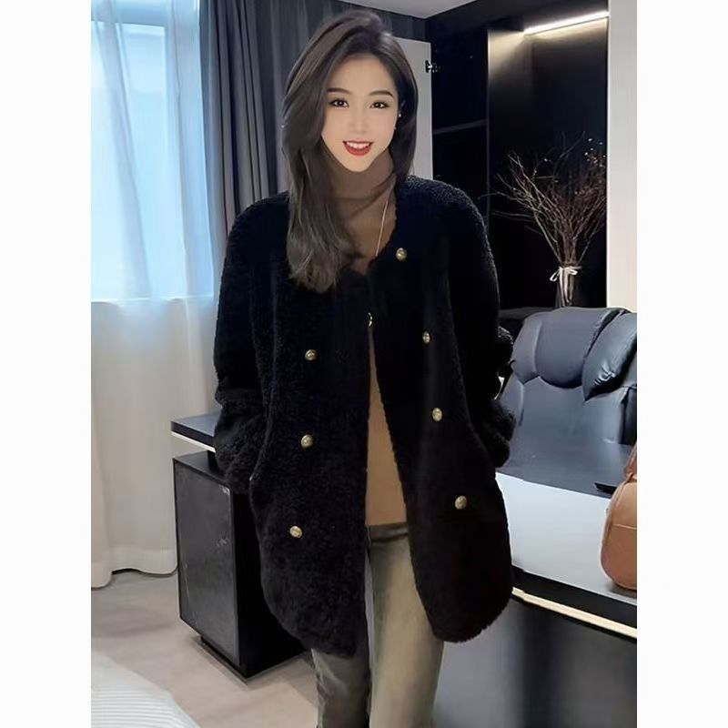 设计感双排扣羊羔毛大码棉服2025年冬新款复古皮毛一体外套小香风