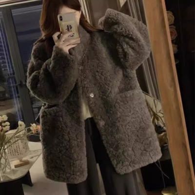 皮毛一体仿羊羔毛立领外套女冬百搭加厚中长款大衣小香风毛绒棉服