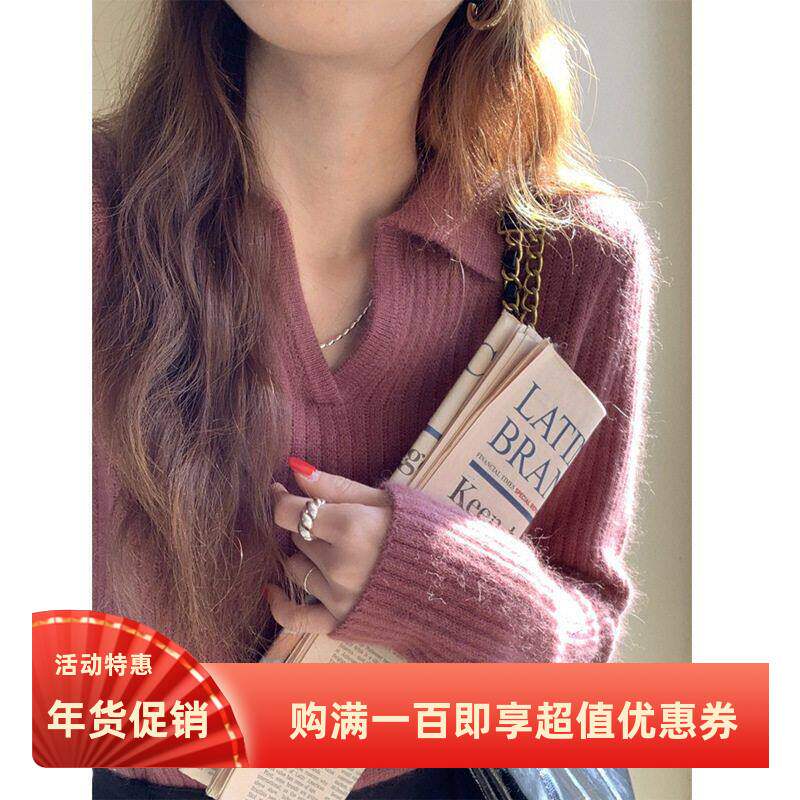 正肩polo领针织衫女秋冬季高级感别致设计感加厚内搭上衣打底毛衣