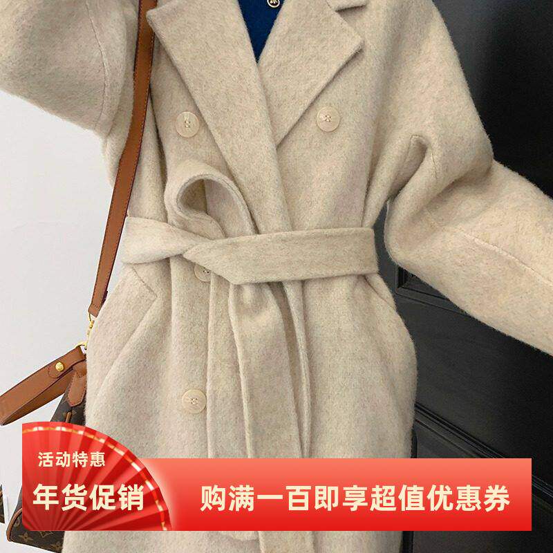双面羊毛绒大衣长毛加厚保暖腰带双排扣宽松版型长款羊毛呢子外套