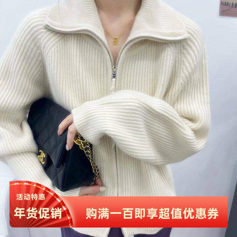 秋冬女纯色外套翻领慵懒宽松针织羊毛上衣重磅加厚双拉链开衫毛衣