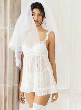 SoftRomance性感刺绣法式睡裙透视网纱开衩裙家居服纯欲诱惑套装