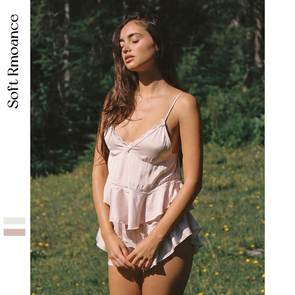 SoftRomance法式甜美蕾丝边性感睡衣套装女夏季丝绸荷叶边家居服