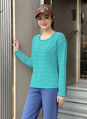 秋冬德绒条纹修身圆领长袖T恤女