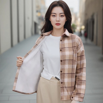 加绒加厚磨毛格子衬衫女