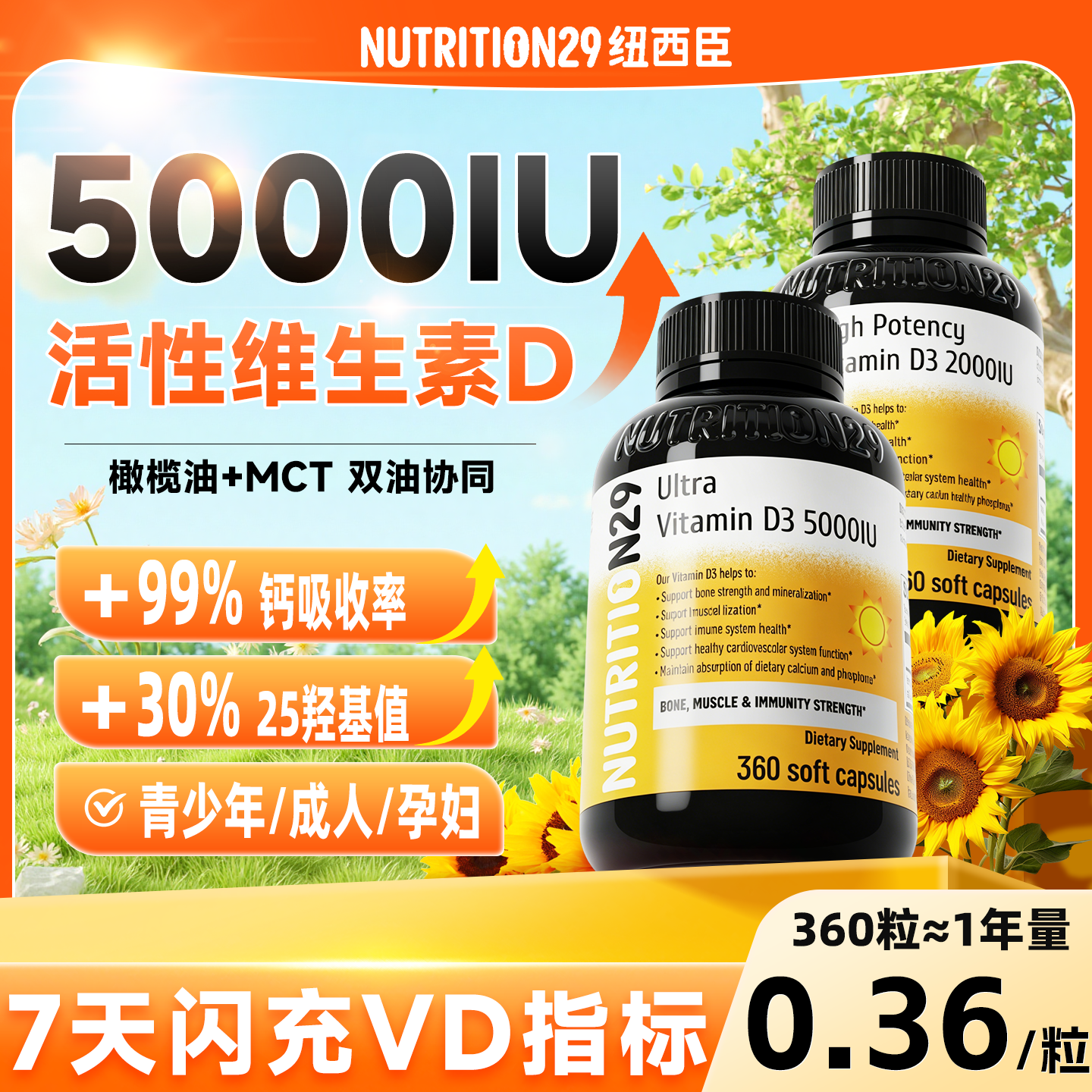 纽西臣阳光瓶维生素d3成人男女5000iu备孕妇25羟基活性vd3软胶囊
