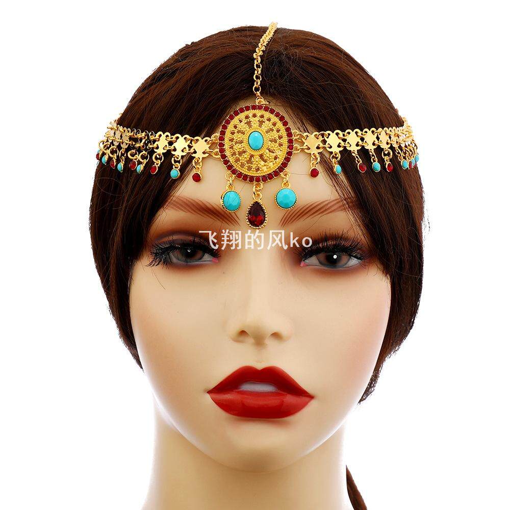 异域古风头饰发带欧美埃及金色合金镶钻流苏额饰头带头链女