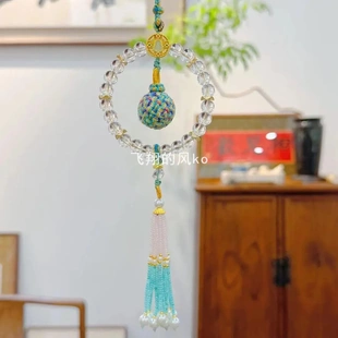 杭州景区寺庙文创车挂有求必应手工编织绣球绿色流苏挂件包挂