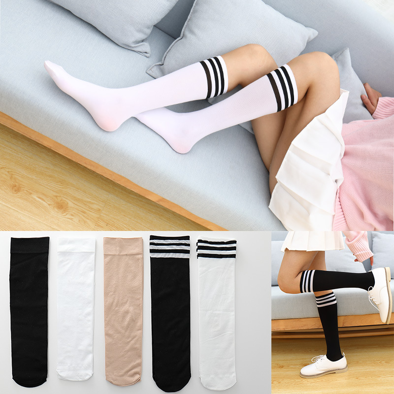 小腿袜黑色ins长筒袜JK中筒袜条纹过膝袜白色女士学生袜高筒丝袜