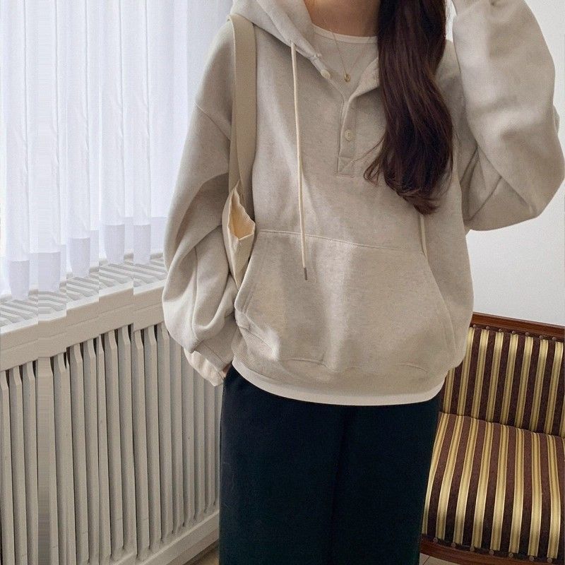 纯棉加绒韩版宽松连帽卫衣女生秋冬简约减龄纯色长袖上衣显瘦百搭