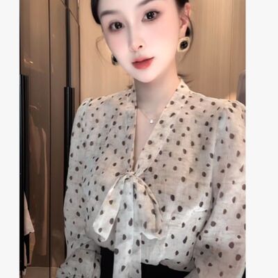 刘欣G店 V领波点蝴蝶结长袖上衣S373