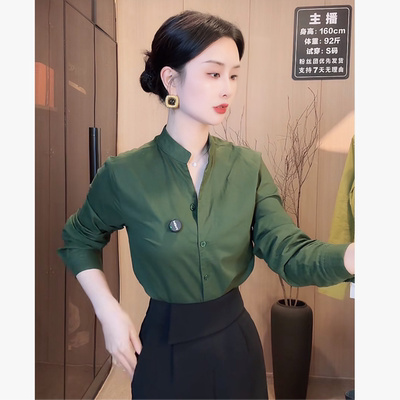 刘欣定制 气质长袖衬衫女2025新款复古港风宽松百搭小衫6648