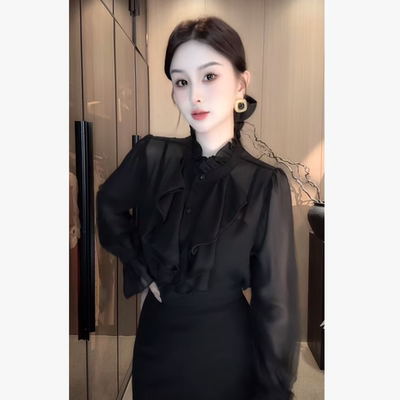 刘欣G店 黑色荷叶领长袖微透上衣S315