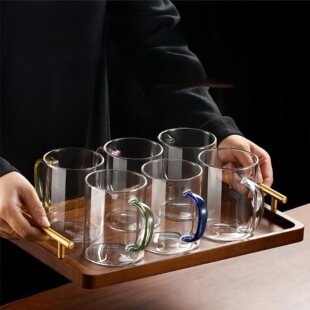 高硼硅六色水杯套装彩色把手果汁牛奶早餐杯待客耐高温玻璃杯