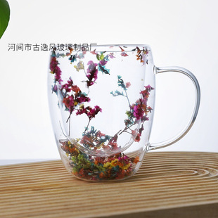 玻璃杯内置花朵干花杯高硼硅玻璃带把饮料喝水杯隔热防烫双层杯