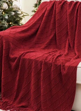 红色北欧针织毯子民宿床尾床旗毯盖毯沙发陪嫁结婚披肩盖毯毛毯