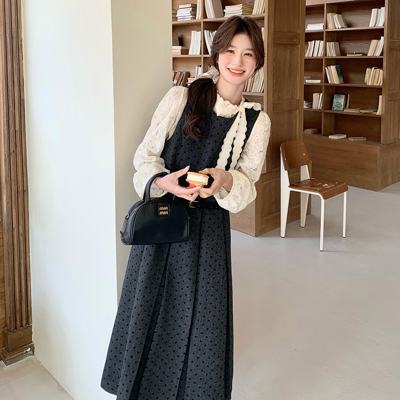 外贸出口转内销法式高级感灰色波点连衣裙套装女春蕾丝衬衫背心裙