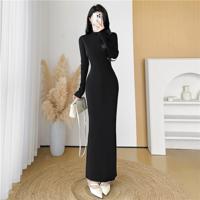 外贸出口转内销高个子秋冬高领超长款包臀毛衣裙女加长款修身显瘦