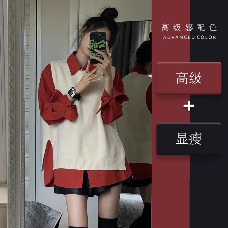 外贸出口转内销大码女装秋季胖mm港风复古外搭叠穿衬衫马甲短裤三