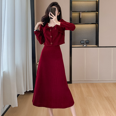 外贸出口转内销敬酒服新娘套装结婚回门便装秋冬红色连衣裙订婚穿