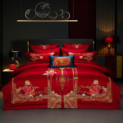 大红色中式婚庆全棉四件套纯棉结婚刺绣六八十件婚礼床上用品被套