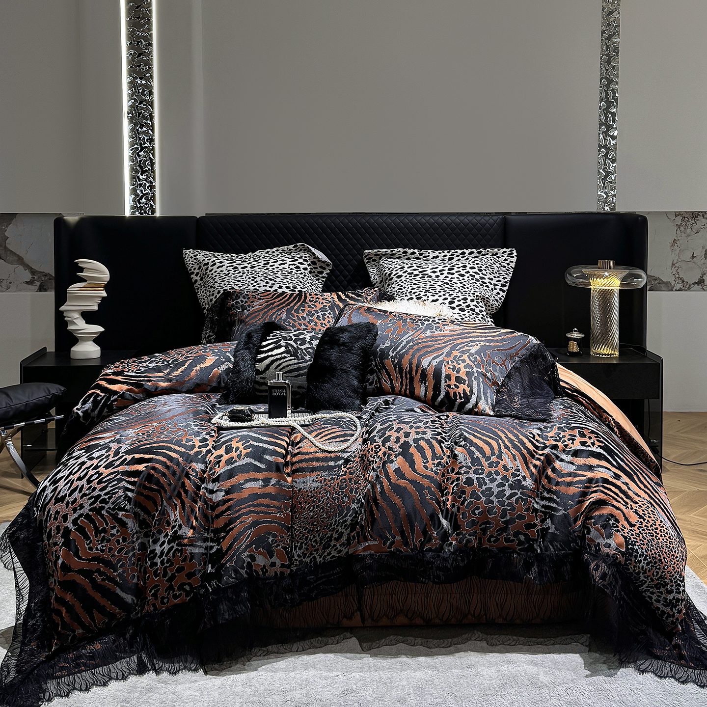 轻奢法式高精密锦缎四件套浪漫蕾丝边4件套豹纹斑马纹高级感床品