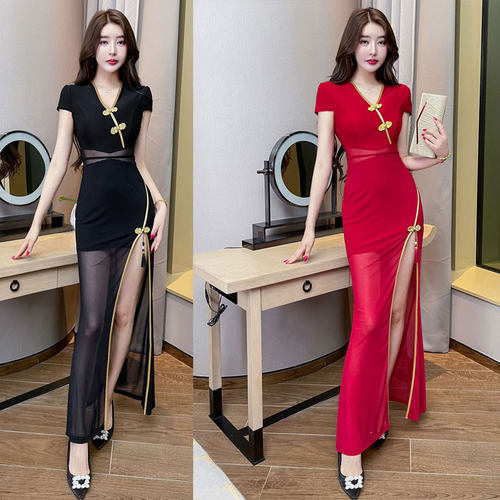 复古旗袍性感修身开叉技师工作服