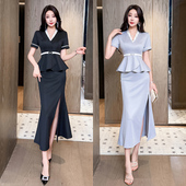 美容院按摩技师工衣气质高端收腰spa足浴v领长裙开叉桑拿技师服潮