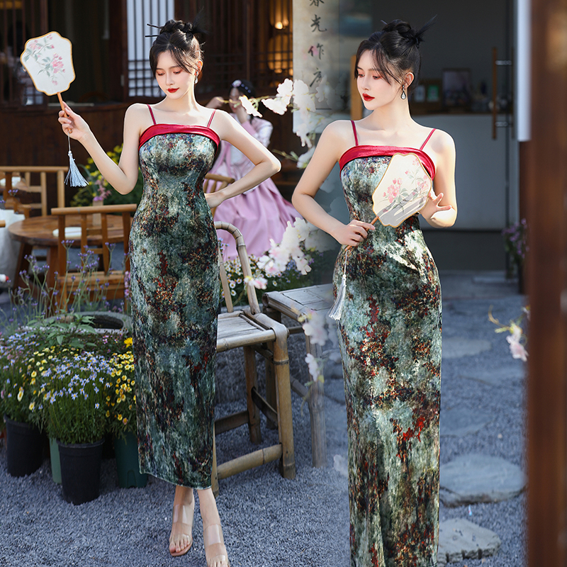 中式改良一字肩旗袍少女复古印花