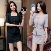 高级感方领酒店制服 韩式 酒店前台小姐中袖 包裙气质收腰显瘦工作装