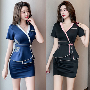 技师上班收腰中式 显瘦套装 国风上班衣服 足疗洗浴柔式 推拿技师新款