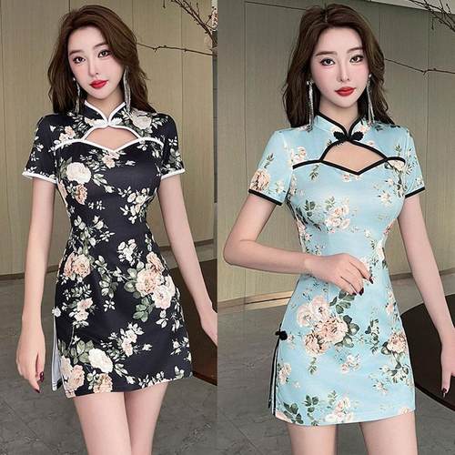碎花复古改良旗袍短款性感2025年沐足茶艺技师高端显瘦新款连衣裙