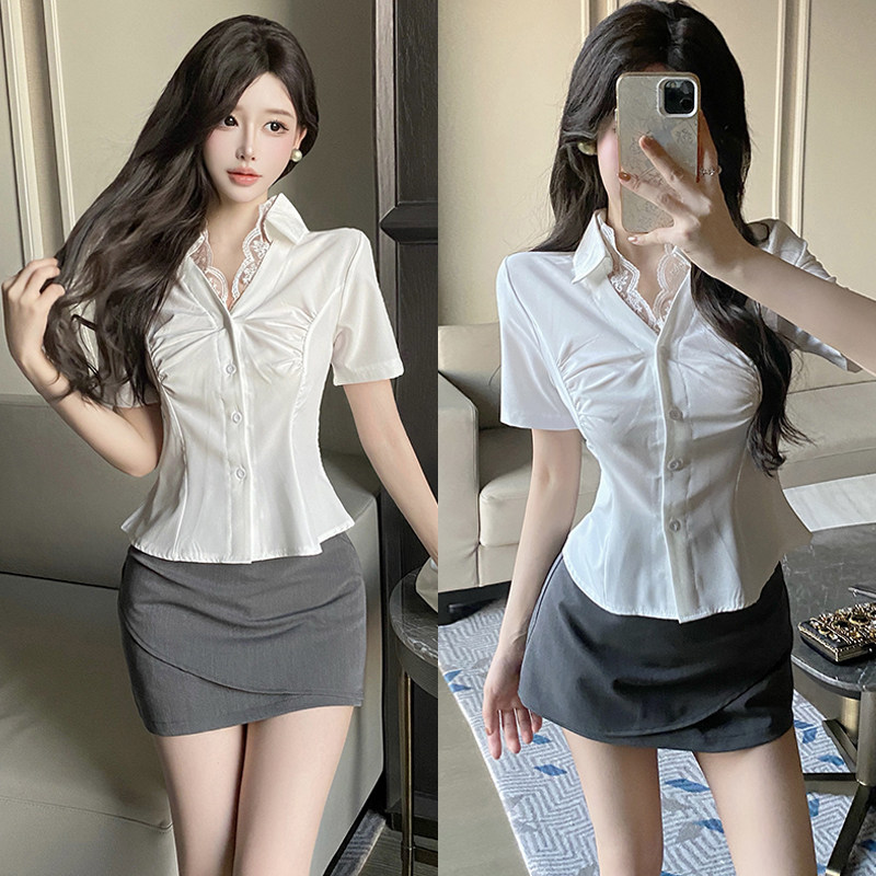 酒店前台工作服女白色蕾丝衬衫包臀裙收腰显瘦套装气质职业制服女
