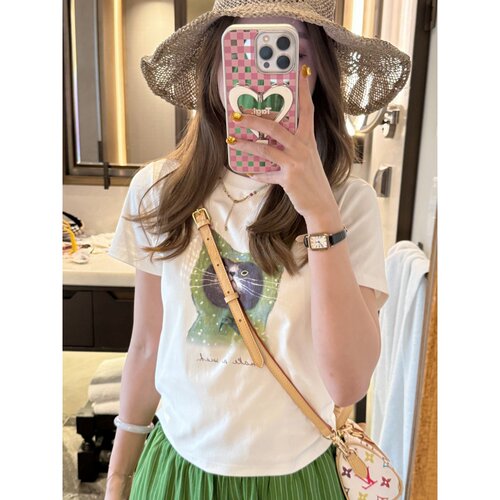 【头巾猫~】夏季韩系简约卡通印花正肩显瘦T恤女