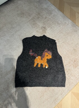 TIAO~马上有钱 半高领宽松型刺绣韩式马夹厚款马甲百搭针织冬季