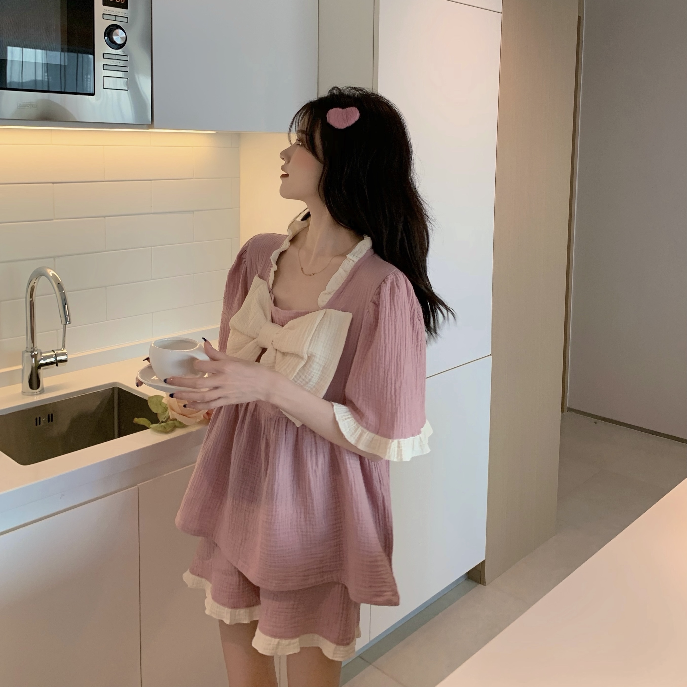 Japanese sweet bow pure cotton gauze pajamas women's summer 2021 new home clothes