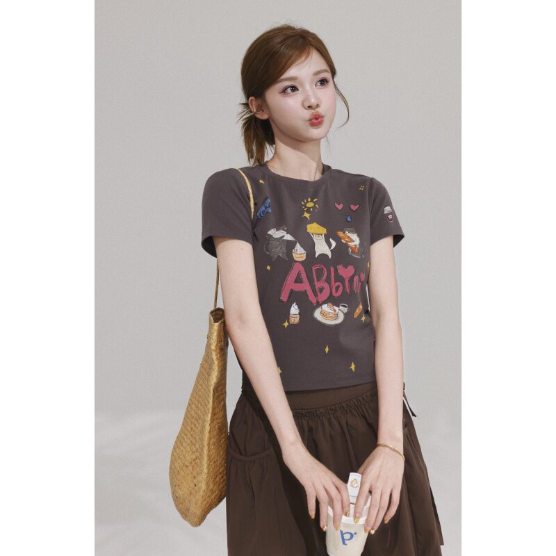 蛋糕小猫 韩系时尚百搭圆领短袖T恤女春夏减龄