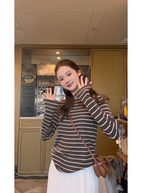 【TIAO~】韩版撞色条纹 女圆领长袖条纹长袖T恤秋季内搭宽松秋冬