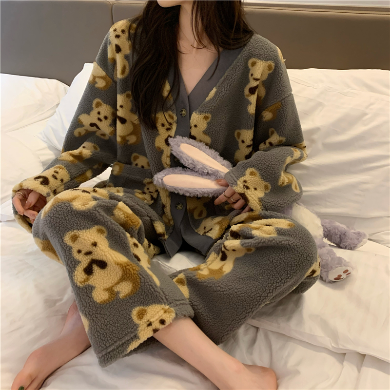 Real price autumn and winter soft waxy bear love languid lamb wool pajamas home clothes