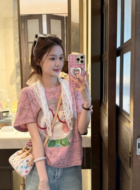 TWINKLE跳跳【红色大眼镜女孩】春夏韩版时尚百搭粉可爱风印花T恤