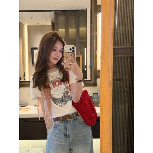 高级复古玫瑰印字母花圆领短袖T恤女上衣夏显瘦
