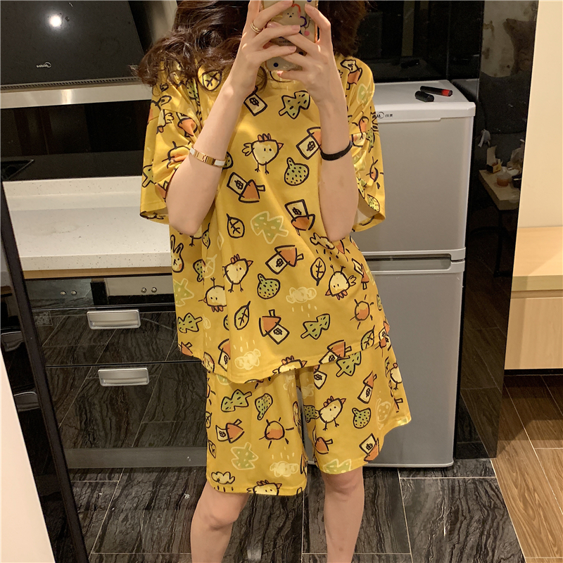 Summer yellow thickened chicken short sleeve pajamas suit