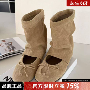诗歌兰2026夏季新款麂皮堆堆靴女款时尚平底蝴蝶结高级感百搭凉靴