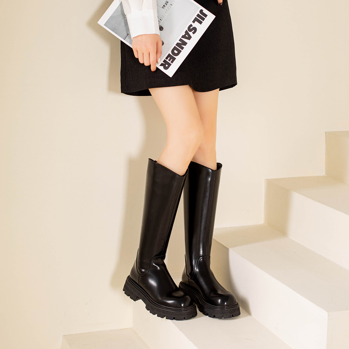 【CC家CC】显高骑士靴圆头粗跟长筒靴靴子女百搭长靴A388716409