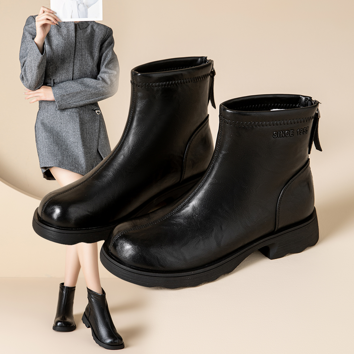 粗跟韩系时尚舒适百搭时装靴短筒马丁女靴瘦瘦靴A855238096